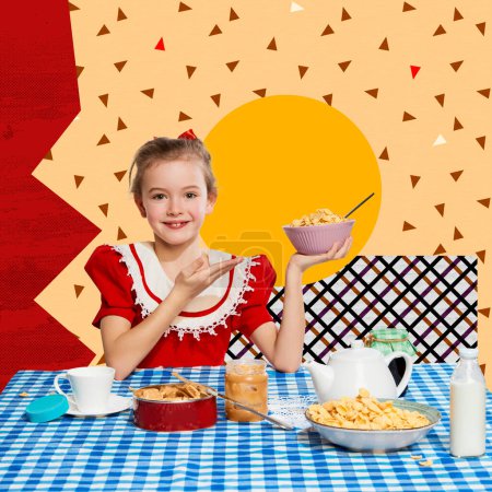 Téléchargez les photos : Collage d'art contemporain. Belle petite fille, enfant souriant et mangeant de délicieuses céréales pour le petit déjeuner sur fond abstrait. Design coloré créatif. Concept de pop art alimentaire, inspiration. - en image libre de droit