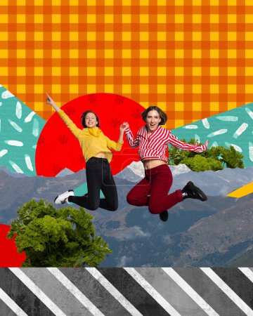 Téléchargez les photos : Collage d'art contemporain. Joyeux, joyeux, jeunes filles sautant sur fond abstrait avec des verts. L'énergie. Design coloré créatif. Concept de pop art, mode, inspiration., alimentation biologique - en image libre de droit