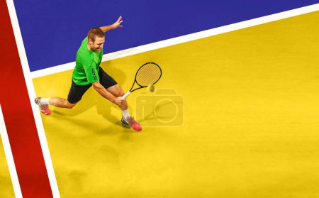 Photo for Collage. Top view image of mature man, professional male tennis player in motion, training, playing against multicolored court. Concept of sport, active lifestyle, competition, action and motion - Royalty Free Image