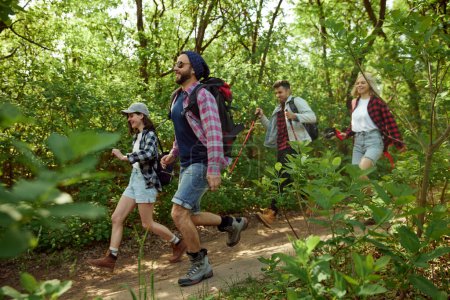 Foto de Jóvenes activos, felices, deportistas, amigos haciendo senderismo en el bosque en un cálido día de primavera, caminando por el camino, disfrutando de paisajes. Concepto de estilo de vida activo, naturaleza, deporte y hobby, amistad - Imagen libre de derechos