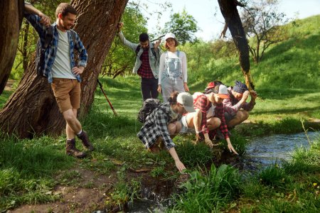 Photo for Group of young people, friends walking in forest, going hiking, resting near river on warm sunny day. Relaxation. Concept of active lifestyle, nature, sport and hobby, friendship, fun - Royalty Free Image