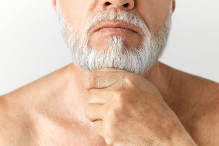 Photo for Cropped close-up image of grey haired beard. Taking care after hair and beard. Mature male model against grey background. Concept of male beauty, face and skin care, daily procedures, age - Royalty Free Image