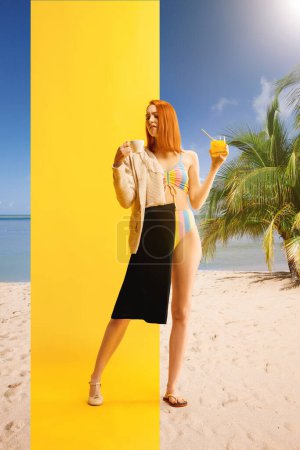 Photo for Redhead businesswoman in formal wear and swimsuit dreaming about vacation at beach with palms. Creative collage. Concept of business and vacation, dreams and reality, inspiration. Ad - Royalty Free Image