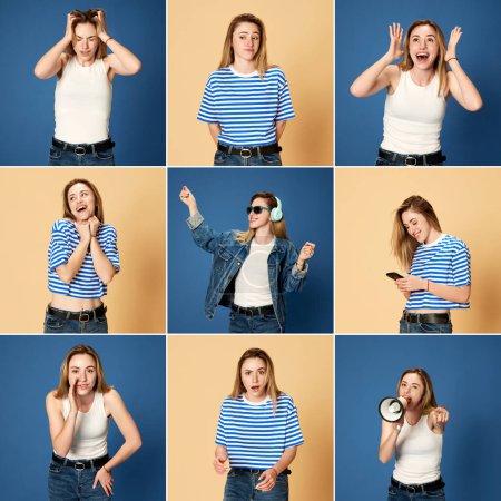 Photo for Collage made of portrait of young blonde girl showing diversity of emotions against blue and yellow background. Concept of youth, human emotions, facial expression, lifestyle - Royalty Free Image