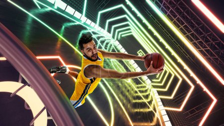 Photo for Dynamic image of young man, basketball player in uniform in motion, jumping with ball against 3D neon colored background. Concept of professional sport, competition, action and motion, game - Royalty Free Image