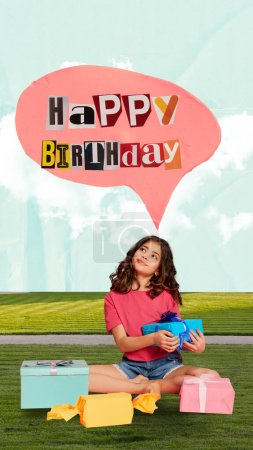 Photo for Smiling little girl celebrating birthday, receiving presents and greetings. Happy childhood. Contemporary art collage. Concept of celebration and party, happiness and joy. Creative design for postcard - Royalty Free Image