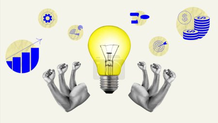 Photo for Human hands showing power over giant light bulb. Creative ideas and brainstorming. Analytics and strategy. Contemporary art collage. Concept of teamwork, business, office, occupation, multitasking - Royalty Free Image
