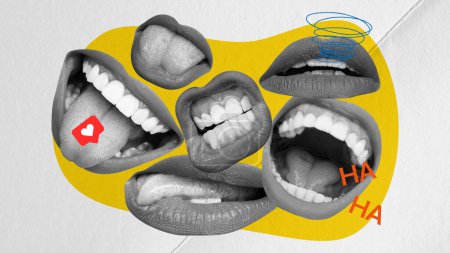 Many female mouths laughing, talking, spreading rumors. Social and mass media influence, propaganda. Contemporary art collage. Concept of gossips, disinformation, news. Creative design