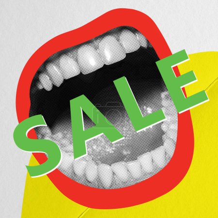 Photo for Big female mouth shouting about big sales. Shopping, offer. Contemporary art collage. Concept of business, information, mass media, success, sales. Creative design - Royalty Free Image