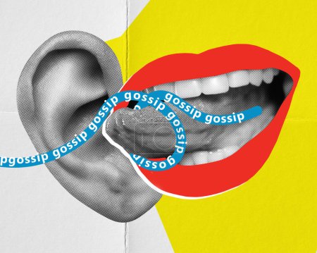 Photo for Female mouth to human ear talking gossips, rumors. Spreading fake information. Contemporary art collage. Concept of disinformation, fakes, news. Creative design - Royalty Free Image