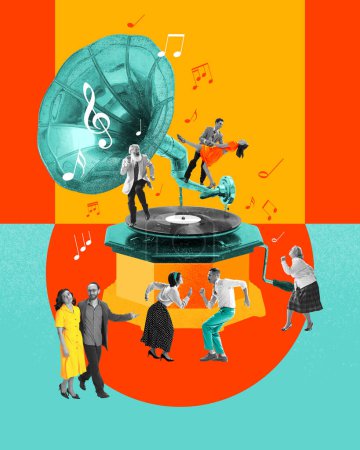 Photo for Group of people attending party, dancing, enjoying leisure time. Contemporary art collage. Retro style.Concept of music, lifestyle, art of sound, performance. Creative bright design - Royalty Free Image