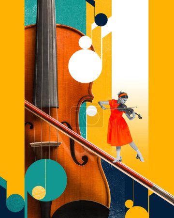 Photo for Young talented girl playing tender music with violin over abstract colorful background with music instrument. Contemporary art collage. Concept of music, art of sound, performance. Creative design - Royalty Free Image