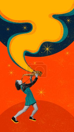 Photo for Young talented girl expressively playing trumpet against vivid background. Sound flow. Contemporary art collage. Concept of music, lifestyle, art of sound, performance. Creative bright design - Royalty Free Image