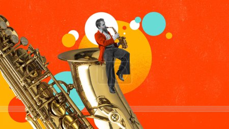 Photo for Expressive talented man emotionally playing trumpet against vivid background. Sound flow. Contemporary art collage. Concept of music, lifestyle, art of sound, performance. Creative bright design - Royalty Free Image