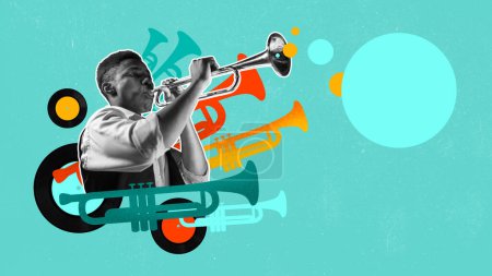 Photo for Talented african man playing trumpet against vivid background. Jazz. Contemporary art collage. Concept of music, lifestyle, art of sound, performance. Creative bright design - Royalty Free Image