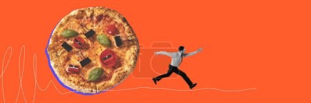Photo for Businessman running forward behind giant pizza pushing hip. Deadline , planning and burning projects. Contemporary art collage. Concept of business, office lifestyle. Banner. Copy space for ad - Royalty Free Image