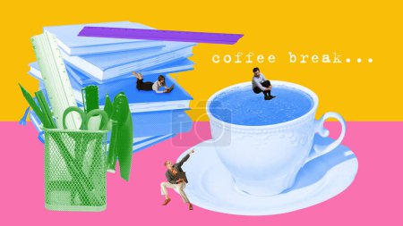 Photo for Coffee break. Employees, office workers jumping into coffee cup. Lunchtime. Contemporary art collage. Concept of business and leisure time, motivation and rest. Creative colorful design - Royalty Free Image