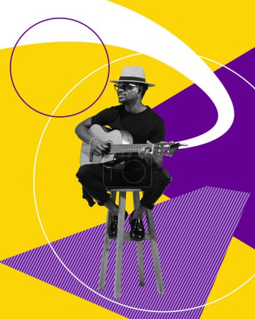 Photo for Stylish young african man sitting on chair and playing guitar against multicolored abstract background. Contemporary art collage. Concept of music festival, creativity, inspiration, art, ad. - Royalty Free Image