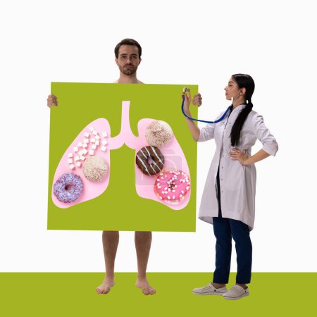 Photo for Doctor checking mans, patients lungs, listing with stethoscope. Junk food, donuts, sugar level growing. Contemporary art collage. Concept of health eating, diet, health care, food. Ad - Royalty Free Image