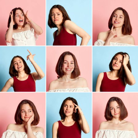 Photo for Collage. Portraits of young beautiful brunette girl posing with diversity of emotions against pink blue studio background. Concept of youth, human emotions, lifestyle, facial expression, ad - Royalty Free Image