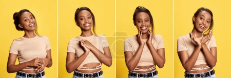 Photo for Collage of portraits of pretty, young, african girl posing with diversity of emotions against yellow studio background. Concept of lifestyle, human emotions, fashion, youth, beauty, ad - Royalty Free Image