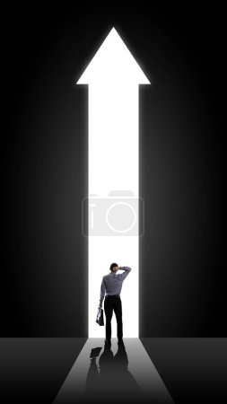 Photo for New beginning. Employee standing in front of giant arrow, new path in professional sphere. Challenges and risks. Contemporary art collage. Concept of business, office, career development. Dark mode - Royalty Free Image