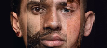 Téléchargez les photos : Visage masculin réalisé à partir de différents portraits d'hommes d'âge et de race différents. Combinaison de visages. Sérieux et concentré. Notion d'égalité sociale, droits de l'homme, liberté, diversité, acceptation - en image libre de droit