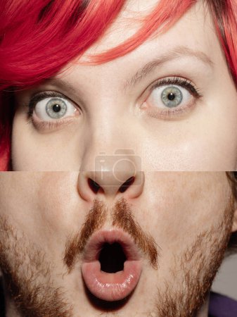 Photo for Human face made from portrait of half-face of man and woman expressing different emotions. Shocked expression. Concept of social and gender equality, human rights, freedom, diversity, acceptance - Royalty Free Image