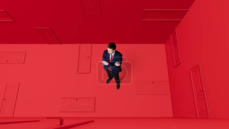 Photo for Conceptual design. Businessman with concentrated, thoughtful face standing around many closed doors over red background. Correct choice. Business, sales, marketing and management, growth, ad concept - Royalty Free Image