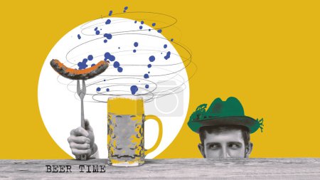 Photo for Bavarian man peeking out table with beer mugs and grilled sausage. Banner. Contemporary art collage. Concept of alcohol drink, oktoberfest, taste, party, festival and leisure time, ad - Royalty Free Image