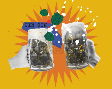 Photo for Cin cin. Mugs with foamy beer clinking over yellow background, beer festival traditions. Contemporary art collage. Concept of alcohol drink, oktoberfest, taste, party, festival and leisure time, ad - Royalty Free Image
