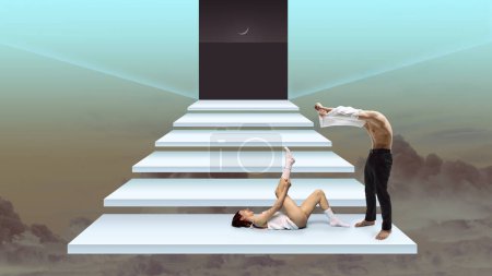 Photo for Love, passion, feelings. Young man taking off his shirt, woman lying on stairs over abstract background. Contemporary art collage. Concept of surrealism, futurism, creativity, imagination, fantasy, ad - Royalty Free Image