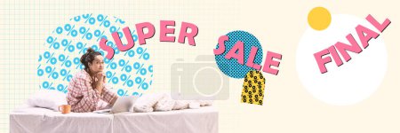 Photo for Cute, beautiful young girl in pajamas sitting on bed and doing online shopping via laptop, buying goods on sales. Contemporary artwork. Concept of shopping, sales, Black Friday, creativity. Banner, ad - Royalty Free Image