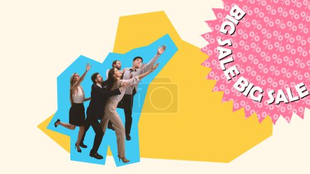 Photo for Young people, employee running to get things at low price. Big sales season. Contemporary art collage. Creative design. Concept of shopping, sales, Black Friday, creativity. Banner, ad - Royalty Free Image