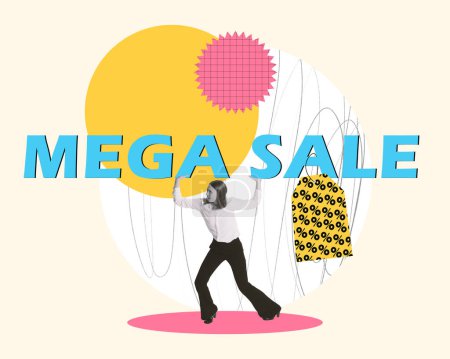 Photo for Young woman talking about mega sales season. Great shopping at lower price. Shopaholics time. Contemporary art collage. Concept of shopping, sales, Black Friday, creativity. Banner, ad - Royalty Free Image