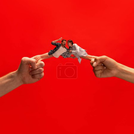 Photo for Creative collage with hands. Young man and woman emotionally shouting, arguing, loudly expressing feelings and disagreement. Concept of emotions, feelings, psychology, relationship, communication, ad - Royalty Free Image