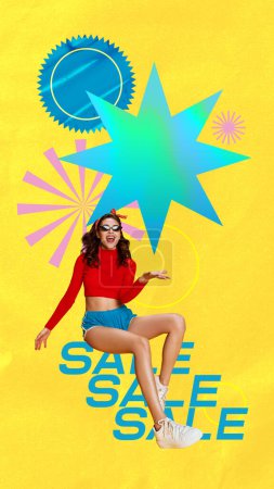 Photo for Young girl with happy expression over yellow background with sales words. Summertime shopping. Contemporary artwork. Colorful design. Concept of shopping, sales, Black Friday, creativity. Banner, ad - Royalty Free Image