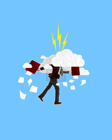 Photo for Businessman in suit with briefcase walking to work, head in clouds. Need energy for working. Deadlines. Contemporary art collage. Concept of business, emotions, psychology, professional occupation, ad - Royalty Free Image