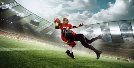 Photo for Win and lose. Professional athletes, american football players in motion during game, running, playing at 3D stadium. Concept of professional sport, competition, match, action, energy, success, hobby - Royalty Free Image