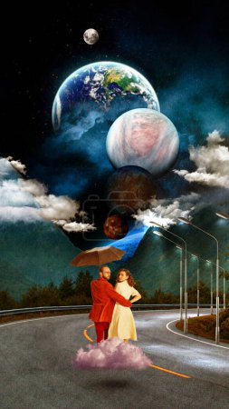 Photo for Contemporary art collage. Man in red suit walking with scary young woman to unknown dark place. Sky filled with giant planets. Futurism, creativity, imagination, fantasy concept. Abstract surreal art - Royalty Free Image