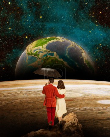 Photo for Contemporary art collage. Lovely young couple, man and woman standing on empty field and looking at giant planet over starry sky. Concept of futurism, creativity, imagination, fantasy. Abstract art - Royalty Free Image