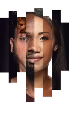 Menschliches Gesicht aus verschiedenen Porträts von Männern und Frauen unterschiedlichen Alters, Geschlechts und Rasse. Kombination von Gesichtern. Konzept der sozialen Gleichheit, Menschenrechte, Freiheit, Vielfalt, Akzeptanz