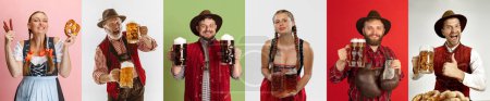 Photo for Collage made of men and women in traditional bavarian, german clothes holding beer mugs over multicolored background. Concept of Oktoberfest, traditions, alcohol, taste, holidays, ad - Royalty Free Image