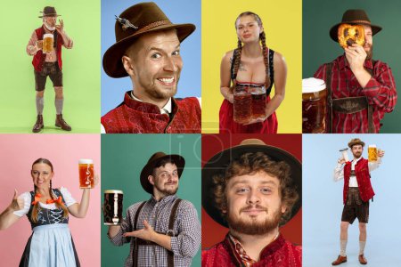 Photo for Collage made of different young people in traditional bavarian clothes standing with beer over multicolor background. Concept of Oktoberfest, traditions, alcohol, taste, holidays, ad - Royalty Free Image