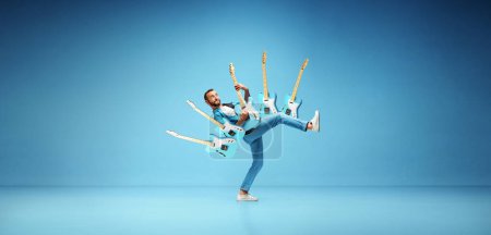 Photo for Creative collage. Talented, artistic, positive young man in casual clothes playing electric guitar against blue studio background. Concept of music, hobby, entertainment, festival, performance, ad - Royalty Free Image
