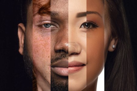 Menschliches Gesicht aus verschiedenen Porträts von Männern und Frauen unterschiedlichen Alters und unterschiedlicher Rasse. Kombination von Gesichtern. Menschlichkeit. Konzept der sozialen Gleichheit, Menschenrechte, Freiheit, Vielfalt, Akzeptanz
