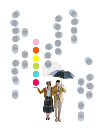 Photo for Contemporary art collage. Young couple, man and woman in retro clothes walking under umbrella over white background. Concept of imagination, inspiration, surrealism, fantasy. Creative design - Royalty Free Image