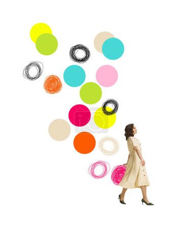 Photo for Contemporary art collage. Beautiful young woman in retro style dress walking over white background with colorful elements. Dreams. Concept of imagination, inspiration, surrealism. Creative design - Royalty Free Image
