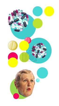Photo for Contemporary art collage. Senior woman with shocked face looking at pills. Giant price and many medical treatment. Concept of imagination, inspiration, surrealism, fantasy. Creative design - Royalty Free Image