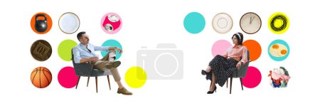 Téléchargez les photos : Collage d'art contemporain. Homme et femme, couple marié dans des vêtements rétro assis dans des fauteuils, se regardant. Diversité des tâches. Concept de relation, hobby, psychologie. Design créatif - en image libre de droit
